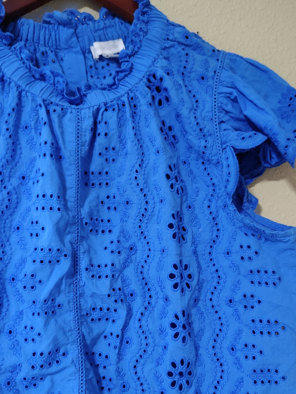 Jennifer & Grace 100% Cotton Eyelet Ruffle High Neck Button Back Top Size L Boho - Picture 4 of 13